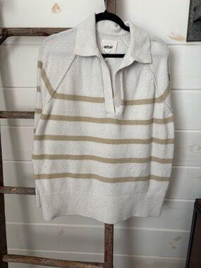 aerie Cream and Tan Striped V-Neck Collared Sweater